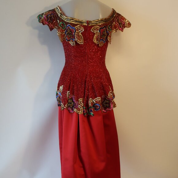 Womens Fabrice Silhouette Red Gold Beads Sequin Silk Satin Formal Gown Dress 10* - Picture 12 of 16